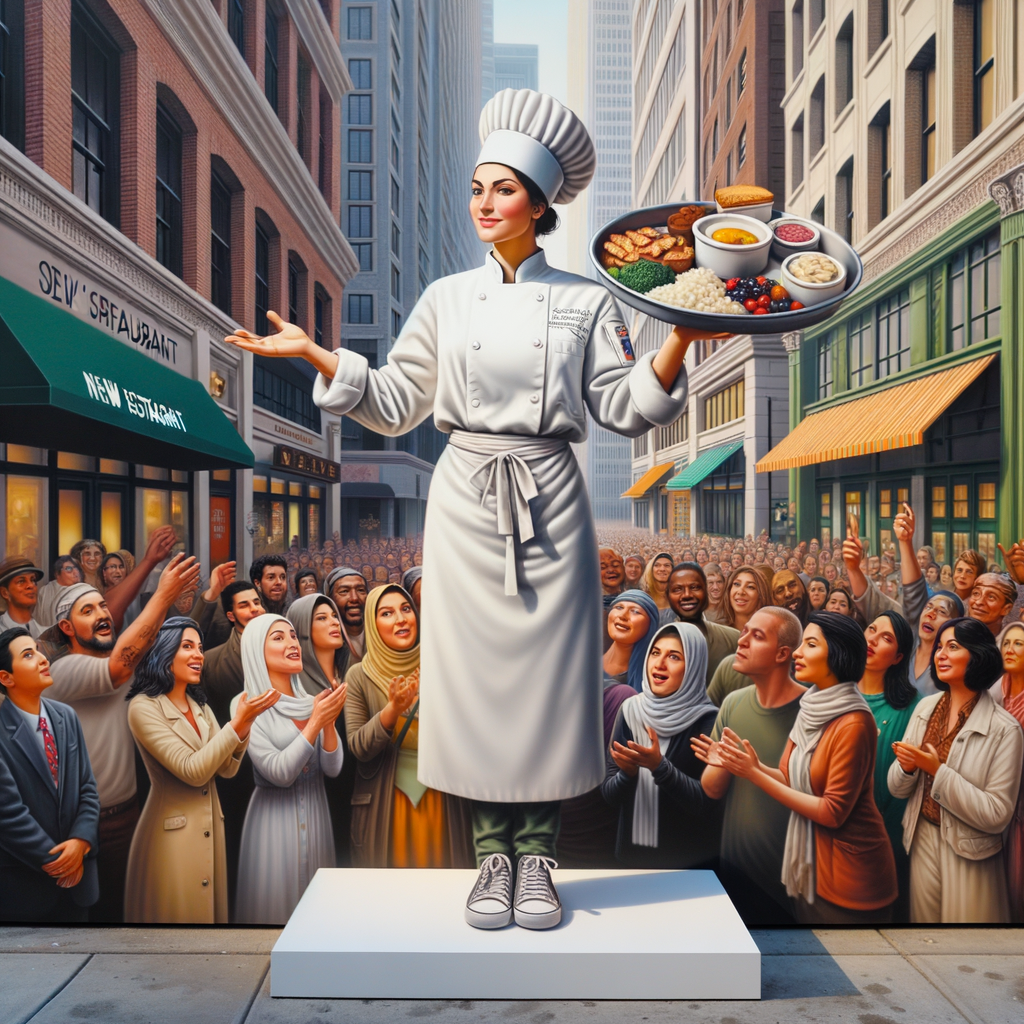 A chef promoting a new restaurant to a big crowd