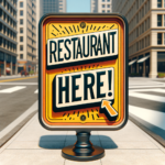 A photo of a sign alerting people on the sidewalk that there is a restaurant there by saying "restaurant here!"