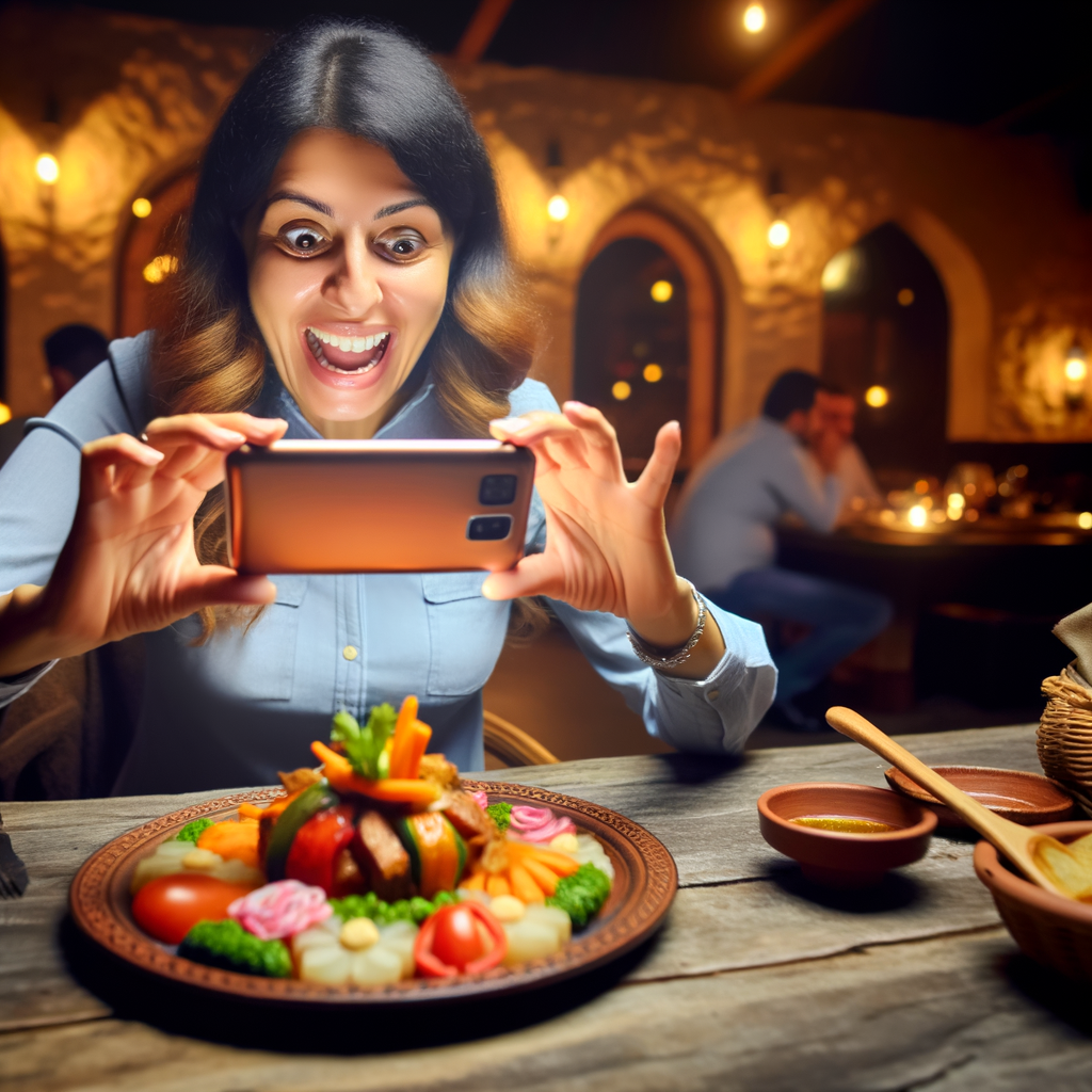 An excited local restaurant customer taking a picture of their dish with their phone