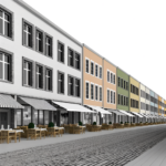 Create a realistic photo of a long line of very narrow restaurants that stretches to the left and right as far as the eye can see.