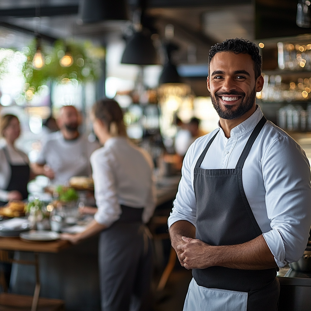 A bustling restaurant with a happy, well-coordinated staff providing excellent service. A manager is seen leading a pre-shift meeting, while servers and kitchen staff work smoothly together. In the background, satisfied customers enjoy their meals, reflecting a well-run, thriving restaurant with strong team dynamics and great leadership.