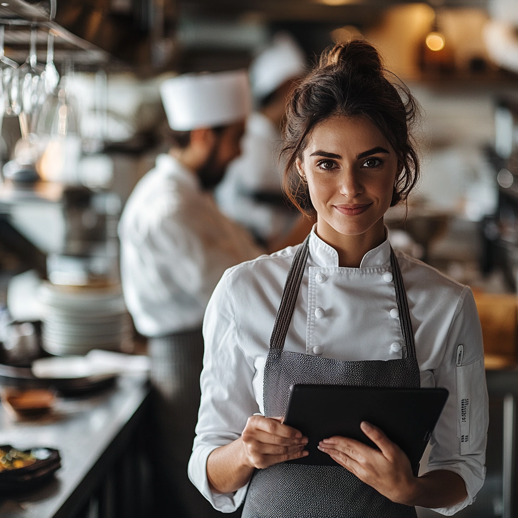 A confident female chef-owner standing proudly in her restaurant, reviewing financial reports on a tablet. The kitchen is bustling behind her, with staff working efficiently. The restaurant exudes warmth, professionalism, and success, symbolizing strong leadership, smart business practices, and a thriving restaurant that overcame the challenges of inexperience.