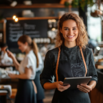A determined female chef-owner standing proudly in her restaurant, reviewing a marketing plan on a tablet. Behind her, a chalkboard sign reads 'Today's Special' with a QR code for online promotions. Customers are dining, while a staff member updates social media on a phone, symbolizing a restaurant actively engaging in smart marketing.