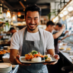 A passionate restaurant owner, proudly displaying their signature dish in a beautifully designed restaurant. The atmosphere reflects a unique theme--whether farm-to-table, high-end sushi, or a retro diner. In the background, happy diners enjoy meals while a staff member updates social media, symbolizing a strong brand identity and a well-defined USP.