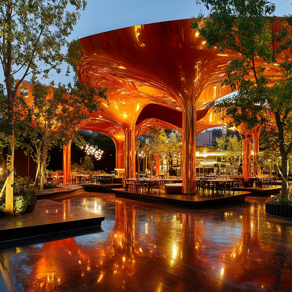 A vibrant, modern restaurant with a unique concept that stands out. The space is lively, with customers enjoying an immersive dining experience--perhaps a chef preparing food tableside or a themed ambiance reflecting a cultural or innovative twist. The restaurant's branding is strong, with a distinctive logo, stylish decor, and an inviting atmosphere that signals originality and a well-defined identity.