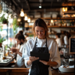 A determined female chef-owner standing proudly in her restaurant, reviewing a marketing plan on a tablet. Behind her, a chalkboard sign reads 'Today's Special' with a QR code for online promotions. Customers are dining, while a staff member updates social media on a phone, symbolizing a restaurant actively engaging in smart marketing.
