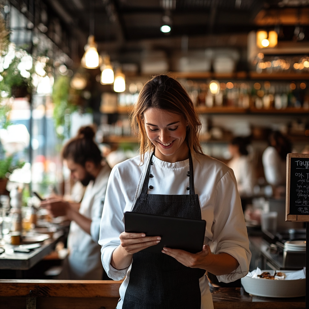 A determined female chef-owner standing proudly in her restaurant, reviewing a marketing plan on a tablet. Behind her, a chalkboard sign reads 'Today's Special' with a QR code for online promotions. Customers are dining, while a staff member updates social media on a phone, symbolizing a restaurant actively engaging in smart marketing.